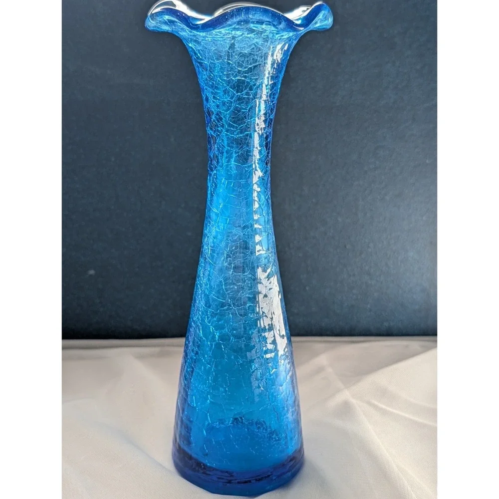 Mid Century Blue Crackle Glass Vase | Ruffled Tri Corner Blown Glass